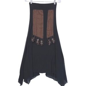 VTG Hazel Boho Mesh Maxi Skirt S Y2K Fairy Grunge Asymmetrical Coin Tassel Black